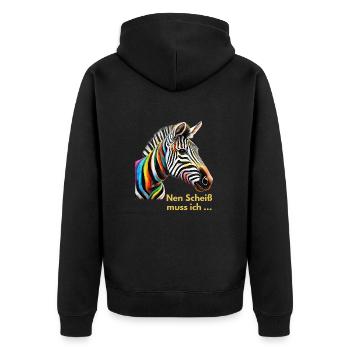 Bunt wie ein Zebra – 'Nen Scheiß muss ich!' - Unisex Premium Bio Zip Hoodie - Schwarz - Hinten - Nico (187cm)