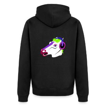 Lustiger Pferdekopf mit Kopfhörern - Unisex Premium Bio Zip Hoodie - Schwarz - Hinten - Nico (187cm)