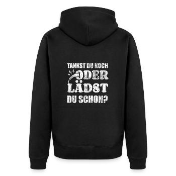 Elektroauto - E-Auto Aufladen Spruch - Unisex Premium Bio Zip Hoodie - Schwarz - Hinten - Nico (187cm)