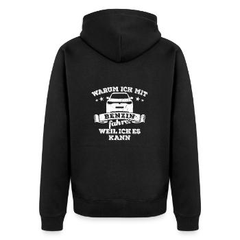 Warum ich mit Benzin fahre? Weil ich es kann - SUV - Unisex Premium Bio Zip Hoodie - Schwarz - Hinten - Nico (187cm)