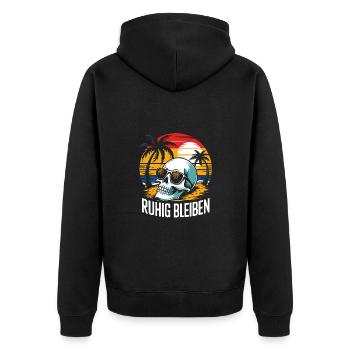 Skull mit Basecap Sonnenbrille am Strand - Unisex Premium Bio Zip Hoodie - Schwarz - Hinten - Nico (187cm)