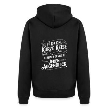 Das Leben ist eine kurze Reise - nutze die Zeit - Unisex Premium Bio Zip Hoodie - Schwarz - Hinten - Nico (187cm)