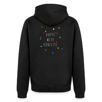 HAPPY WITH KONFETTI, Geschenkidee - Unisex Premium Bio Zip Hoodie - Schwarz - Hinten - Nico (187cm)