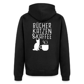 Buecher Katzen und Kaffee Cooler Spruch Lustig - Unisex Premium Bio Zip Hoodie - Schwarz - Hinten - Nico (187cm)