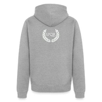 SPQR Designs für Männer | Römisches Reich - Unisex Premium Bio Zip Hoodie - Grau meliert - Hinten - Nico (187cm)
