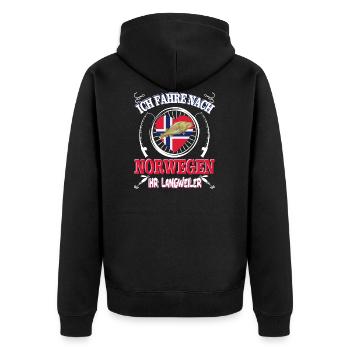 Cooler Spruch "Ich fahre nach Norwegen" Geschenk - Unisex Premium Bio Zip Hoodie - Schwarz - Hinten - Nico (187cm)