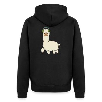 Alpaka mit kopfhörern. - Unisex Premium Bio Zip Hoodie - Schwarz - Hinten - Nico (187cm)