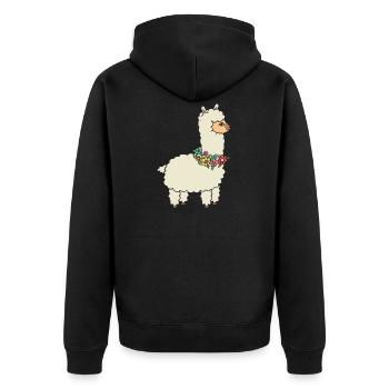 Alpaka mit Blumen. - Unisex Premium Bio Zip Hoodie - Schwarz - Hinten - Nico (187cm)