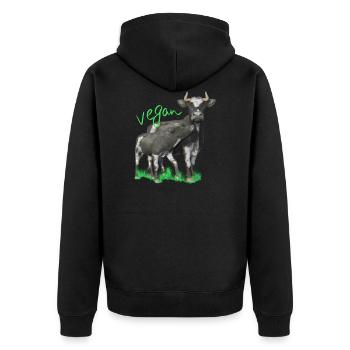 Kuh mit Kalb - vegan - Unisex Premium Bio Zip Hoodie - Schwarz - Hinten - Nico (187cm)