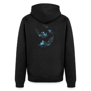 Hellblaue Daunenfedern schweben im Wind - Unisex Premium Bio Zip Hoodie - Schwarz - Hinten - Nico (187cm)