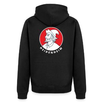 Heidenheimer Heidekopf - Unisex Premium Bio Zip Hoodie - Schwarz - Hinten - Nico (187cm)