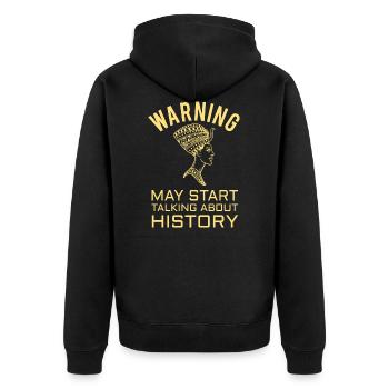HISTORY HISTORIAN : History Warning - Unisex Premium Organic Zip Hoodie - black - Back - Nico (187cm)