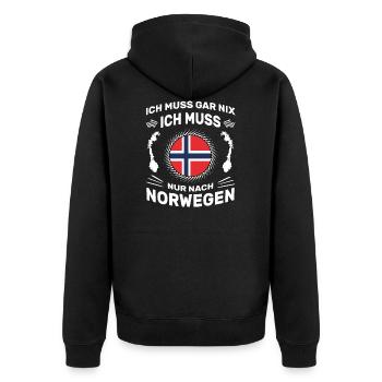 Spruch Ich muss gar nix Ich muss nur nach Norwegen - Unisex Premium Bio Zip Hoodie - Schwarz - Hinten - Nico (187cm)