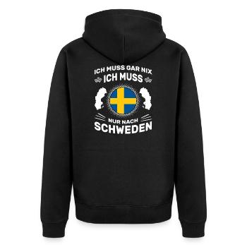 Spruch Ich muss gar nix Ich muss nur nach Schweden - Unisex Premium Bio Zip Hoodie - Schwarz - Hinten - Nico (187cm)