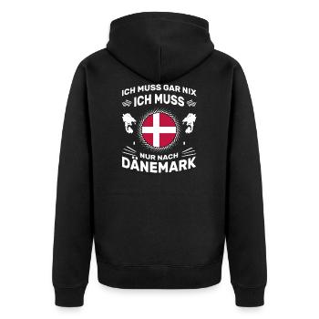 Spruch Ich muss gar nix Ich muss nur nach Dänemark - Unisex Premium Bio Zip Hoodie - Schwarz - Hinten - Nico (187cm)