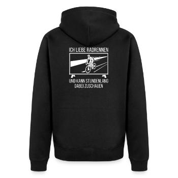 Ich liebe Radrennen und kann stundenlang zuschauen - Unisex Premium Bio Zip Hoodie - Schwarz - Hinten - Nico (187cm)