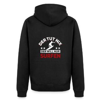 Der tut nix der will nur surfen - Spruch - Unisex Premium Bio Zip Hoodie - Schwarz - Hinten - Nico (187cm)