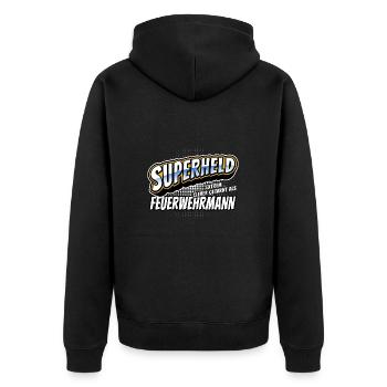 Superheld, clever getarnt als Feuerwehrmann - Unisex Premium Bio Zip Hoodie - Schwarz - Hinten - Nico (187cm)