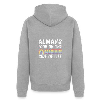 Always look on the Queer side of life - Unisex Premium Bio Zip Hoodie - Grau meliert - Hinten - Nico (187cm)