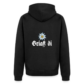 Griaß di - Alpen Edelweiß Gruß aus Bayern - Unisex Premium Bio Zip Hoodie - Schwarz - Hinten - Nico (187cm)