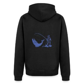 Silhouette de pêcheur avec canne à pêche et truite - Veste à capuche bio Premium Unisexe - noir - Dos - Nico (187cm)