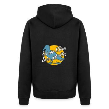 Sei eine Möwe scheiss auf alles. Möwensilhouette - Unisex Premium Bio Zip Hoodie - Schwarz - Hinten - Nico (187cm)