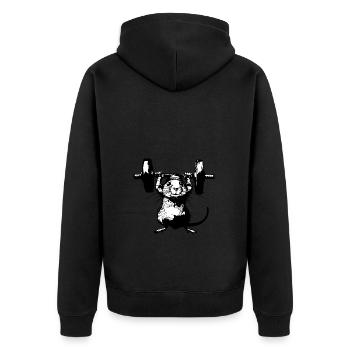 Iron Rat: Stärke mit Stil - Unisex Premium Bio Zip Hoodie - Schwarz - Hinten - Nico (187cm)