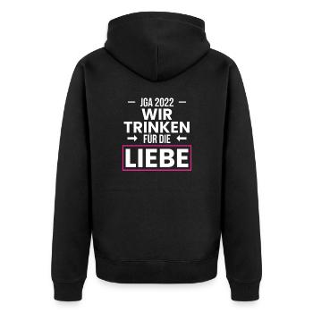 JGA 2022 Wir Trinken Für Die Liebe - Unisex Premium Bio Zip Hoodie - Schwarz - Hinten - Nico (187cm)