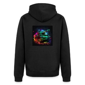 Kampfpanzer im Neonlicht, stark und robust - Unisex Premium Bio Zip Hoodie - Schwarz - Hinten - Nico (187cm)