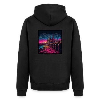 Skyline von Dresden im Abendlicht Vaporwave Optik - Unisex Premium Bio Zip Hoodie - Schwarz - Hinten - Nico (187cm)