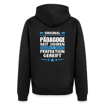 Zur Perfektion gereifter Pädagoge - Unisex Premium Bio Zip Hoodie - Schwarz - Hinten - Nico (187cm)