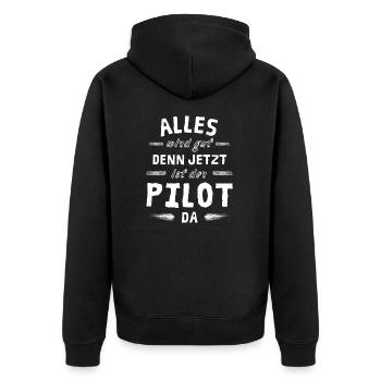 Alles wird gut denn jetzt ist der Pilot da - Unisex Premium Bio Zip Hoodie - Schwarz - Hinten - Nico (187cm)