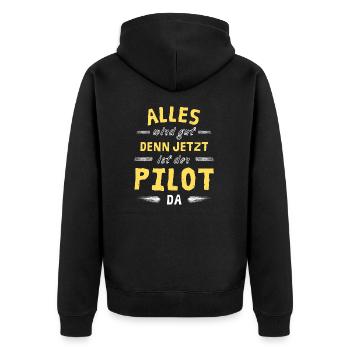 Alles wird gut denn jetzt ist der Pilot da - Unisex Premium Bio Zip Hoodie - Schwarz - Hinten - Nico (187cm)