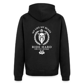 Biker Spruch Ride Hard or go home-My Life my rules - Unisex Premium Bio Zip Hoodie - Schwarz - Hinten - Nico (187cm)