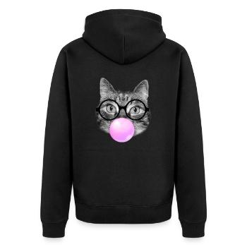 Katze trägt Lesebrille und rosa Kaugummi - Unisex Premium Bio Zip Hoodie - Schwarz - Hinten - Nico (187cm)