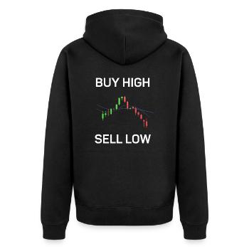 Kaufen Sie Hoch, Verkaufen Sie Niedrig, Lustiges - Unisex Premium Bio Zip Hoodie - Schwarz - Hinten - Nico (187cm)