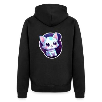 "Kitty Galaxy: Cute Cartoon Floating in Space" - Unisex Premium Organic Zip Hoodie - black - Back - Nico (187cm)