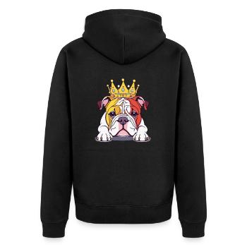 "Gekrönte Häupter" - Bulldog - Unisex Premium Bio Zip Hoodie - Schwarz - Hinten - Nico (187cm)
