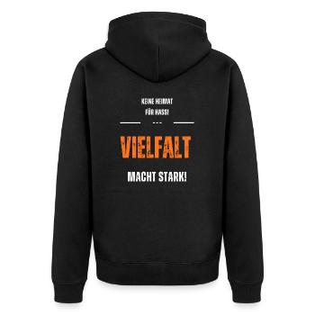 Keine Heimat für Hass. Vielfalt macht stark! - Unisex Premium Bio Zip Hoodie - Schwarz - Hinten - Nico (187cm)