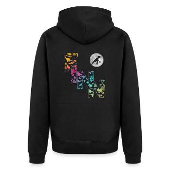 FINN - Schöner Jungen Name mit Dinosaurier - Unisex Premium Bio Zip Hoodie - Schwarz - Hinten - Nico (187cm)