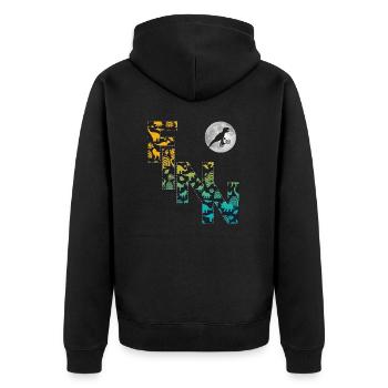 FINN - Schöner Jungen Name mit Dinosaurier - Unisex Premium Bio Zip Hoodie - Schwarz - Hinten - Nico (187cm)