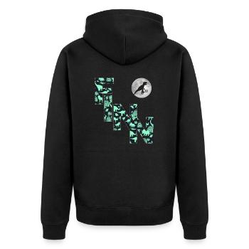 FINN - Schöner Jungen Name mit Dinosaurier - Unisex Premium Bio Zip Hoodie - Schwarz - Hinten - Nico (187cm)