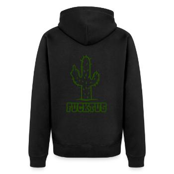 Fucktus - Fuck you Kaktus - Mittelfinger - Unisex Premium Bio Zip Hoodie - Schwarz - Hinten - Nico (187cm)