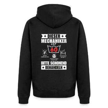 Dieser Mechaniker ist 60. Schonend behandeln - Unisex Premium Bio Zip Hoodie - Schwarz - Hinten - Nico (187cm)