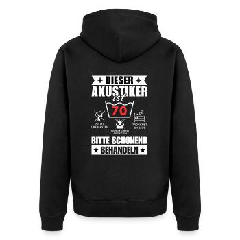 Dieser Akustiker ist 70. Schonend behandeln - Unisex Premium Bio Zip Hoodie - Schwarz - Hinten - Nico (187cm)