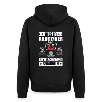 Dieser Akustiker ist 65. Schonend behandeln - Unisex Premium Bio Zip Hoodie - Schwarz - Hinten - Nico (187cm)