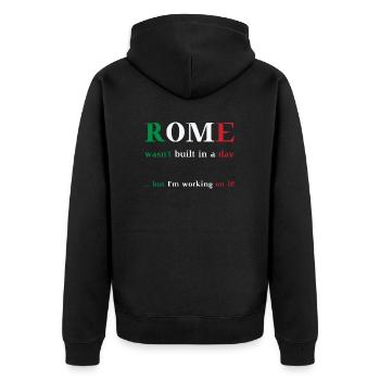 Rome wasn't built in a day but I'm working on it - Unisex Premium Bio Zip Hoodie - Schwarz - Hinten - Nico (187cm)