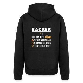 Bäcker Geschenk - Ich bin der König - Unisex Premium Bio Zip Hoodie - Schwarz - Hinten - Nico (187cm)