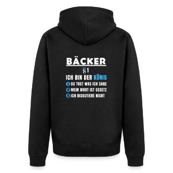Bäcker Geschenk - Ich bin der König - Unisex Premium Bio Zip Hoodie - Schwarz - Hinten - Nico (187cm)