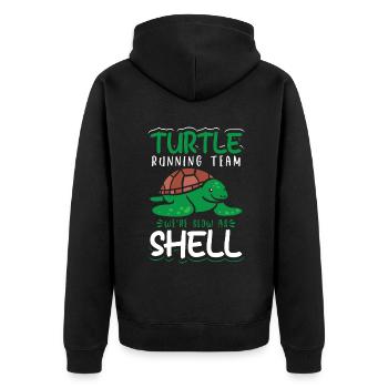 Turtle Running Team We're Slow As Shell - Unisex Premium Bio Zip Hoodie - Schwarz - Hinten - Nico (187cm)